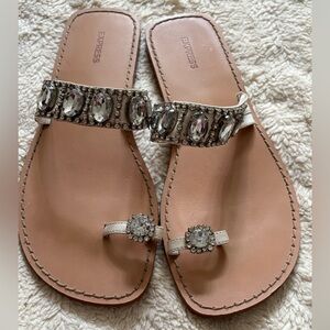 Express White and Tan Sandals with Crystal Embellishments